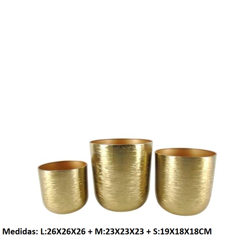 METAL- CONJ. 3 VASOS COR DOURADO 26X26X26CM