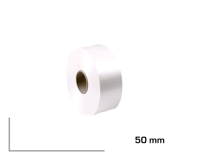 White roll of printer paper with a brown core, shown at an angle; 50 mm width noted beside it.