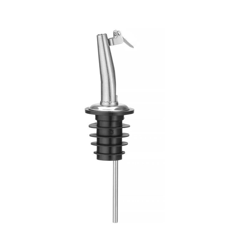 Stainless steel bottle pourer with lever and black rubber stopper for controlled pouring