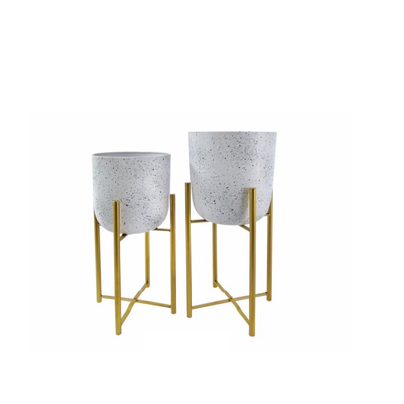 METAL-CONJ. 2 SUPORTES C/VASO BRANCO/OURO 56x28x28cm
